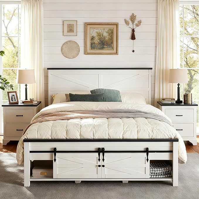 JXQTLINGMU Farmhouse Queen Size Bed Frame with 47" Tall Headboard, Wood Queen Bed Frame with Storage Cabinet, Solid Wood Slats Support, Noiseless, No Box Spring Needed (Antique White)