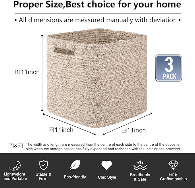 OIAHOMY Storage Cubes 11 Inch Storage Bins-3-Pack, Cotton Rope Woven Baskets for Organizing, Square Storage Baskets for Shelves Organizer, Classroom, Kids Toy Bins, Closet, Baby Nursery-Brown