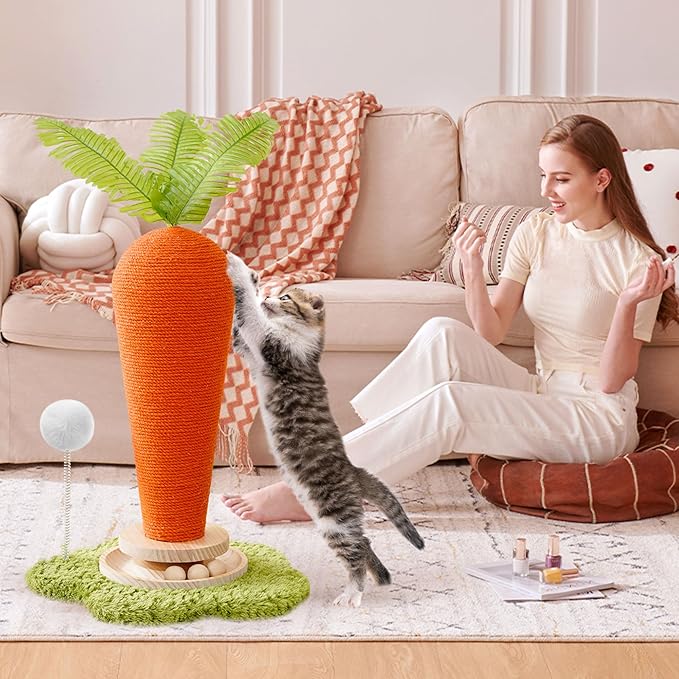 Cute Cat Scratching Post, Carrot Cat Scratcher Post with Durable Natural Wooden Turntable Toy and Catnip, 24'‘ H Carrot Shape Design Sisal Cat Tree Sisal Scratcher for Indoor Cats (Cloud Base)