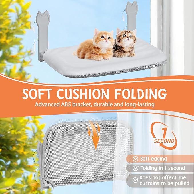 Cat Window Hammock 2-Pack,Foldable Cat Perch with Suction Cups & Metal Frame,Holds up to 40 lbs - Durable & Secure,Features 2-Sided Cushion & Easy Storage for Sunny Lounging(Dark Gray)