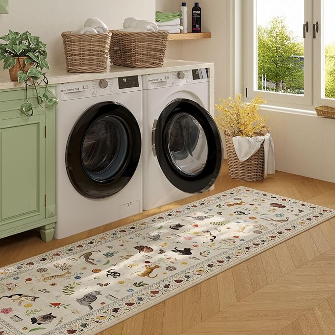 Rugcomf 2'7"x14' Long Hallway Runner Rug - Floral Cat Washable Non Slip Boho Carpet for Kitchen, Entryway, Hall, Bathroom - Beige