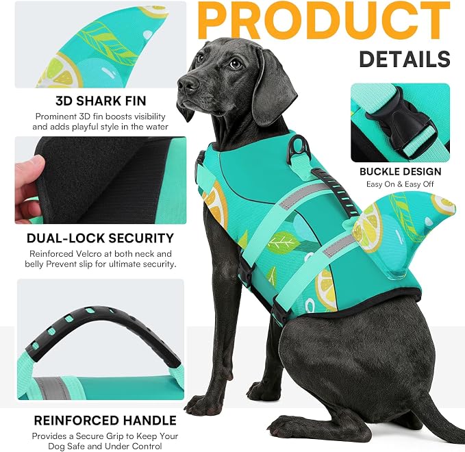 Dog Shark Life Jacket with Rescue Handle - Adjustable Reflective Dog Life Preserver for Large Dogs, Green Print XL