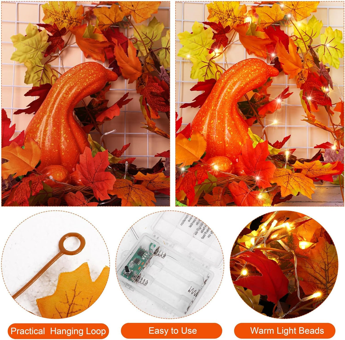 Aneco 2 Pack 5.74 Feet Each Maple Leaves Garlands with 8 Lighting Modes LED String Lights Artificial Maple Leaf Fall Decorations for Home Indoor Outdoor Thanksgiving Halloween Decor, Total 11.5 Feet