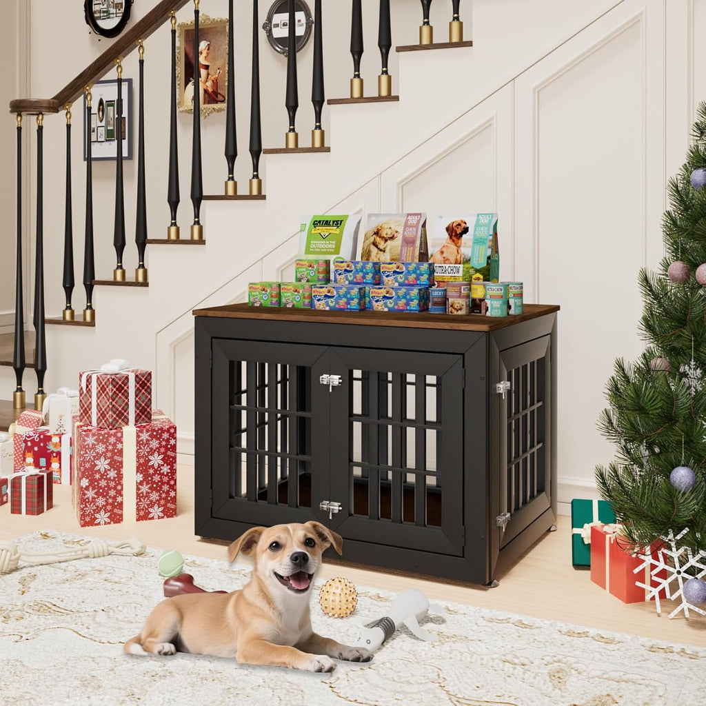 38" Heavy Duty Dog Crate Furniture for Small,Medium and Large Dogs,Rustic Wooden Dog Cage Kennel Indoor Furniture with Waterproof Top,Decorative Pet House Side End Table (Black & Wood)