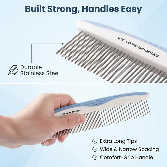 We Love Doodles Small Dog Grooming Comb & Large Dog Slicker Brush Bundle - Grooming Comb & Mini Slicker Brush for Small Puppy Kit - Removes Tangles & for Dematting - Made in USA