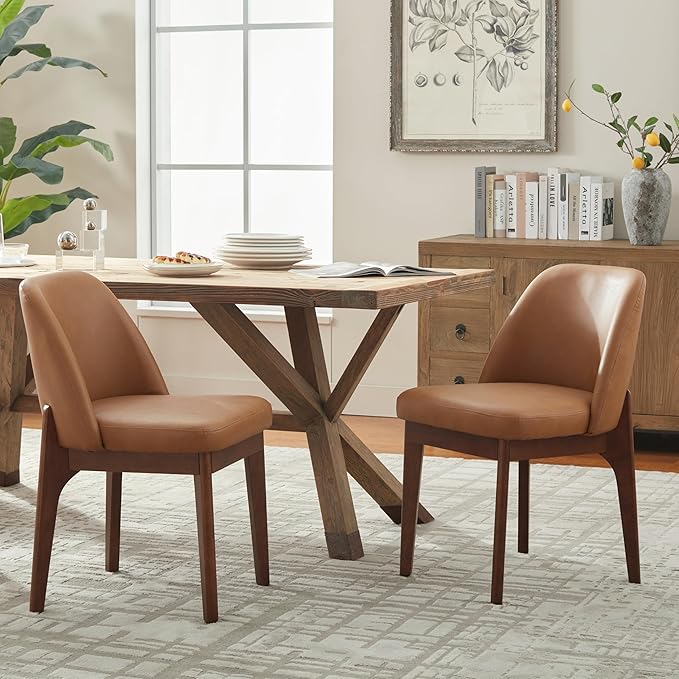 VKNOW Modern Dining Chairs Set of 2, Faux Leather Kitchen Chairs with Wood Legs, Upholstered Side Chair for Kitchen Dining Room, Brown