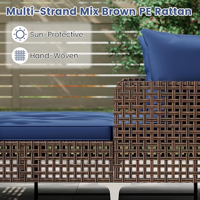 HAPPYGRILL Outdoor Patio Daybed PE Rattan Sunbed with Pillows and Cushions, Heavy-Duty Metal Frame, Outdoor Bed Lounger for Porch, Backyard and Poolside (Navy)