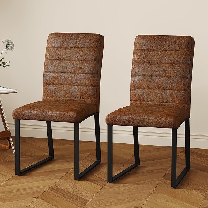 Modern Dining Chairs Set of 4, White Faux Leather Kitchen Chairs, Upholstered Armless Dining Room Chair with Gold Mental Legs Heavy Duty, Comfortable (Brown Chiars, Set of 2)