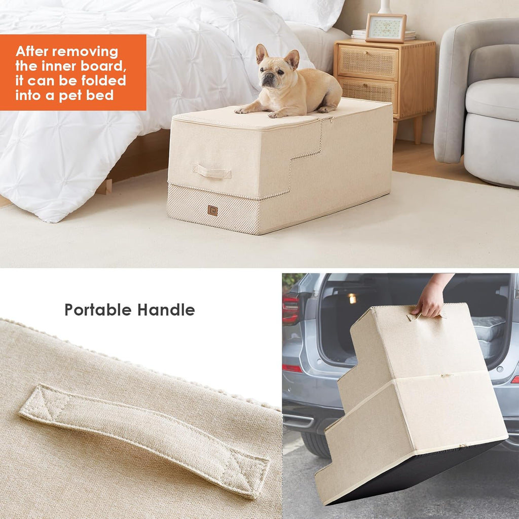 EHEYCIGA Dog Stairs for High Bed 25" H, 5-Step Extra Wide Dog Steps for Bed, Pet Steps for Small Dogs and Cats, Non-Slip Balanced Pet Ramp Indoor, Beige