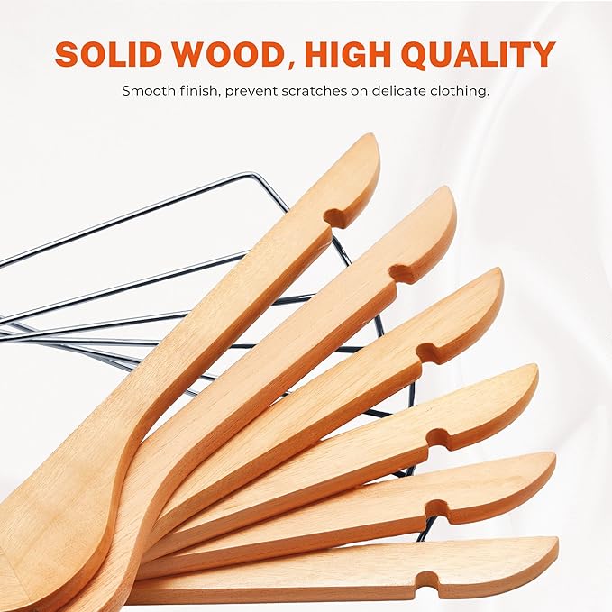 HOUSE DAY 24 Pack High-Grade Wooden Suit Hangers Skirt Hangers with Clips Solid Wood Pants Hanger Natural Smooth Finish Premium Wood Hanger with Durable Metal Clips for Blouse, Dress, Coat, Jacket