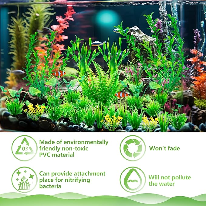 Ameliade Aquarium Artificial Green Plastic Plants Decorations 26 PCS Large Fish Tank Accessories Goldfish Betta Tank Decor