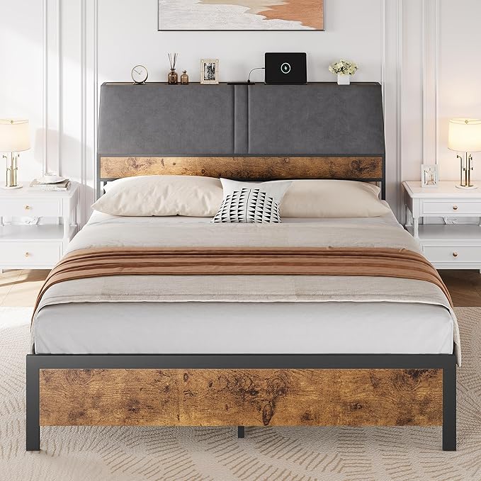Queen Size Platform Bed Frame with Ergonomic Upholstered Headboard, Built-in Charging Station, Storage Headboard, Sturdy Metal Slats, No Box Spring Needed, Easy Assembly