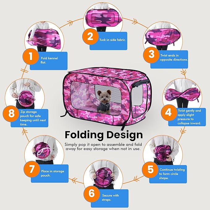 Beatrice Home Fashions Portable, Collapsible, Pop Up Kennel Travel Cat and Dog Crate, 40" L x 27" W x 27" H, Camo Pink
