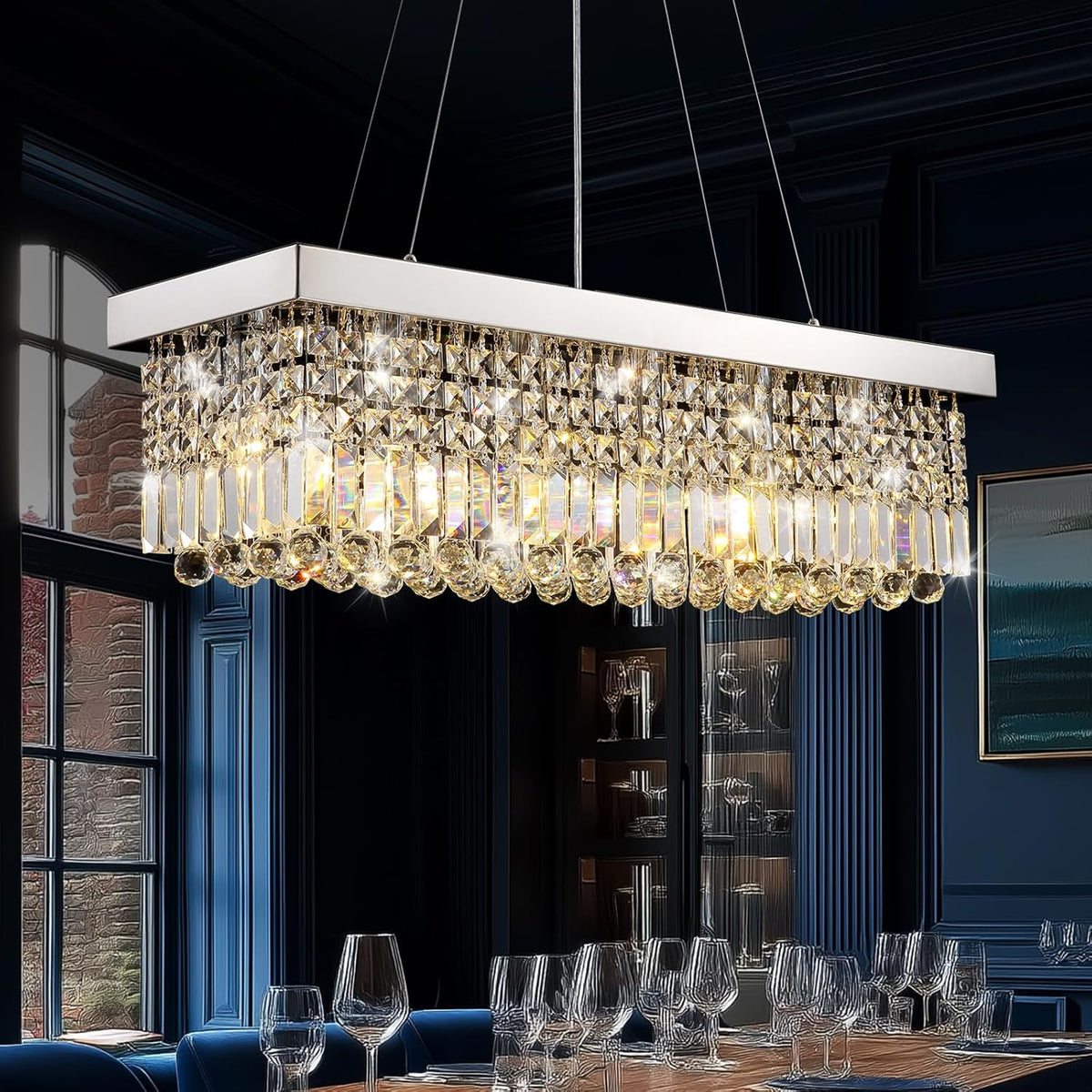 Modern Crystal Chandelier for Dining Room,6 Light K9 Crystal Rectangle Chandelier, Rectangular Pendant Ceiling Light Fixture for Living Room Kitchen Island L31.5''xW10''xH10''