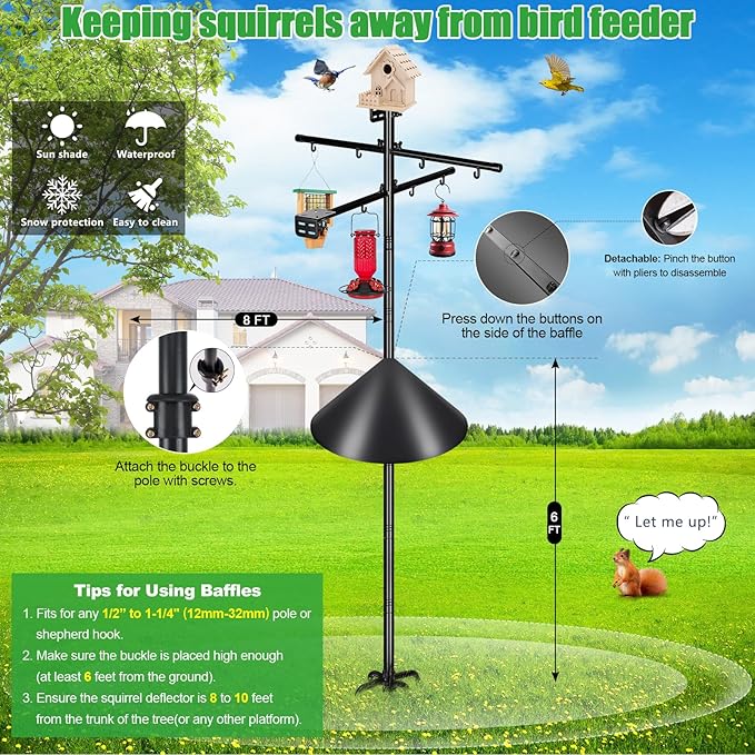Gtongoko Squirrel Proof Smart Bird Feeder Pole for Outdoors 107 Inch 1 Inch Diameter Bluebird House Pole with 2 Platform and 8 Hooks for Bird Feeder with Camera Adjustable Heavy Duty Mounting Pole