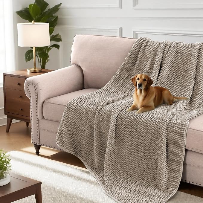 H.VERSAILTEX Plush Chenille Couch Cover for Dogs Pets Blanket for Bed Anti-Slip Soft and Durable Furniture Protector for Small Medium Large Cats Washable (52" x 82", Taupe)