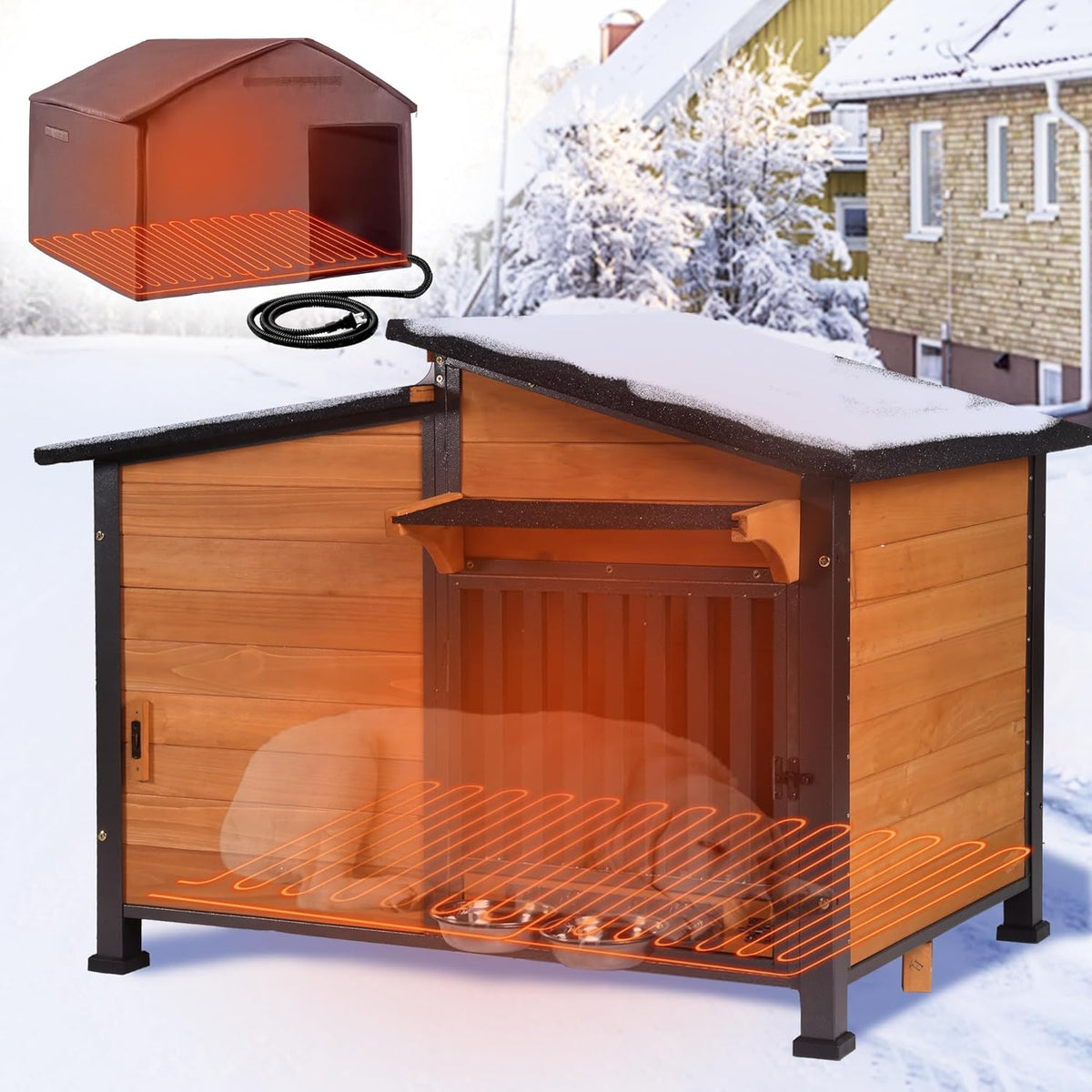 GUTINNEEN Heated Dog House Outdoor with Electric Heating Pad, Insulated Wooden Dog Kennel with 360° Rotating Feeding Bowl, Anti-Chewing Metal Frame, Natural Wood Color