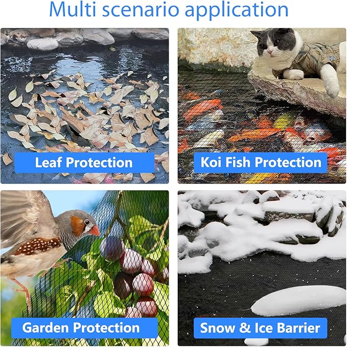 Koi Pond Netting Kit 20 x 40 FT, 3/8" Heavy Duty Woven Mesh Pond Net Cover for Leaves with 12 Stakes, HDPE Pool Netting Protecting Fish from Herons Birds Cats, Black