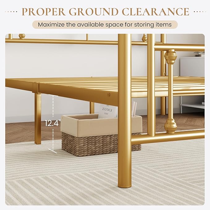 SHA CERLIN 14 Inches King Size Metal Platform Bed Frame/Vintage Iron-Art Headboard and Footboard/Mattress Foundation for Storage/No Box Spring Needed/Noise-Free/Easy Assembly/Gold