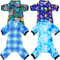 PET SHOW 4 Pack Small Dog Pajamas Cute Dinosaur Monster Clothes for Medium Dogs Soft Stretchy PJs Plaid Jumpsuit Puppy Cats Tie Dye Onesies Outfits with Sleeve Pets Dachshund Costume(M, Blue for Boys)