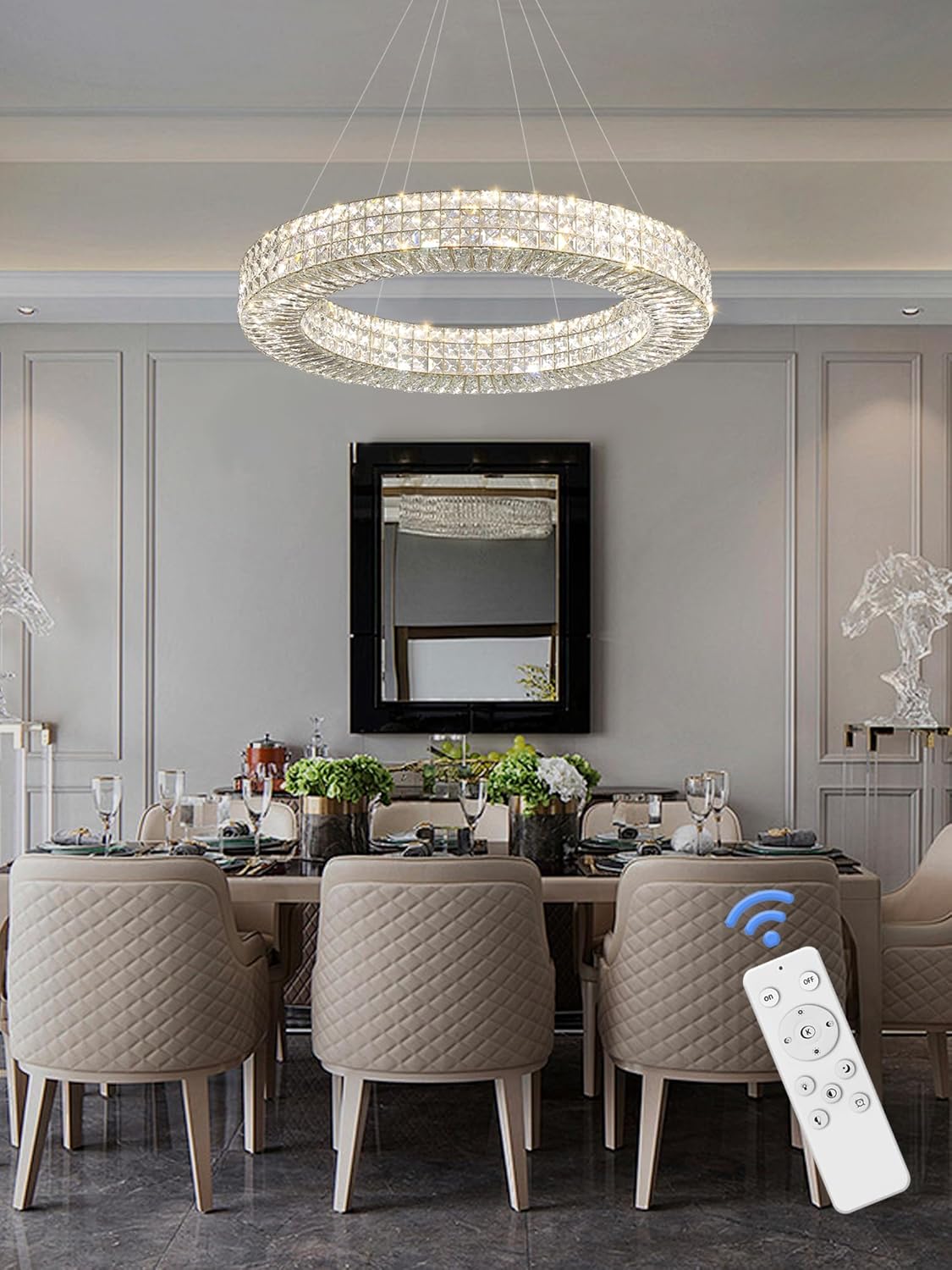 Dia 32" Ring Crystal Chandelier Modern Gold Chandelier Adjustable Height Luxury Crystal Pendant Ceiling Light Fixture for Dining Living Room Bedroom
