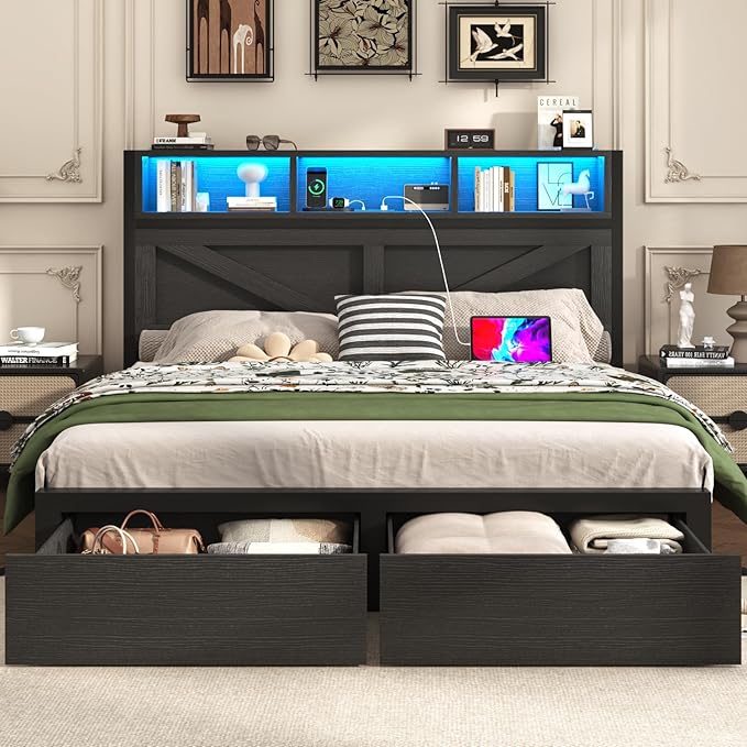 Farmhouse Full Bed Frame with Bookcase Storage Headboard, Charging Station, LED Light and 2 Storage Drawers, Noise Free, No Box Spring Needed, Black