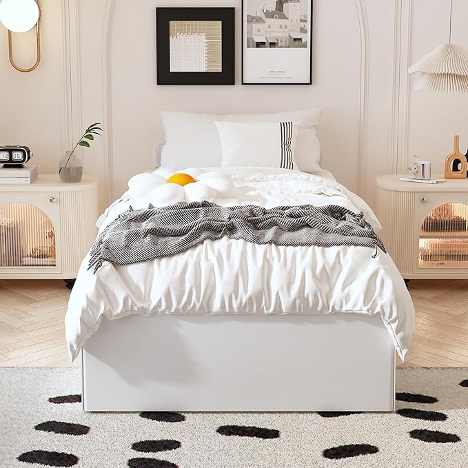 14 Inch XL Twin Bed Frame with White Fabric Cover, Heavy Duty Metal Twin XL Platform Bed Frame, No Box Spring Needed, Support Up to 2500 lbs, Easy Assembly, Noise Free, Black