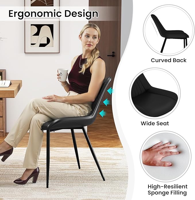 Giantex Dining Chairs Set of 4, PU Leather Upholstered Kitchen Dining Room Chairs w/Handle, Metal Legs, Curved Back, Modern Armless Accent Side Chair for Living Room, Restaurant (PU Black)