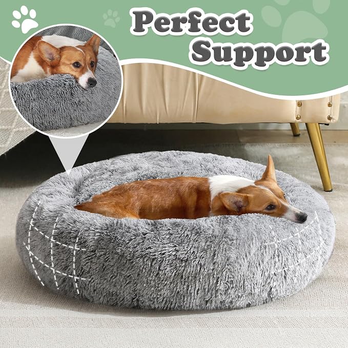 JOLLYVOGUE Dog & Cat Bed, Calming Anti-Anxiety Pet Bed for Small Dogs, Fluffy Donut Cushion for Small and Medium Pets (23")