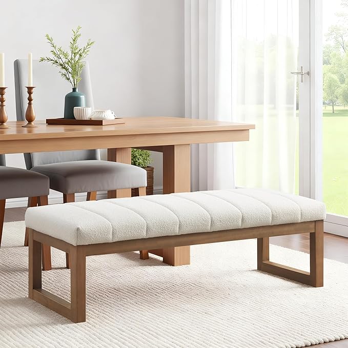 52.7" Bedroom Bench for End of Bed, Modern Upholstered Teddy Fabric Entryway Bench & Dining Bench, Footrest Stool Bench with Solid Wood Frame for Bedroom, Living Room (Beige)