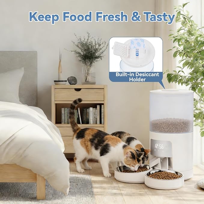 DUMOS 6L Automatic Cat Feeder for 2 Cats, Timed Pet Food Dispenser, Ivory | 2 Stainless Bowls, 10s Voice Call, Dual Power Supply, 6 Meals Per Day, 50 Portions Per Meal, Dual Pet Feeder for Cat and Dog