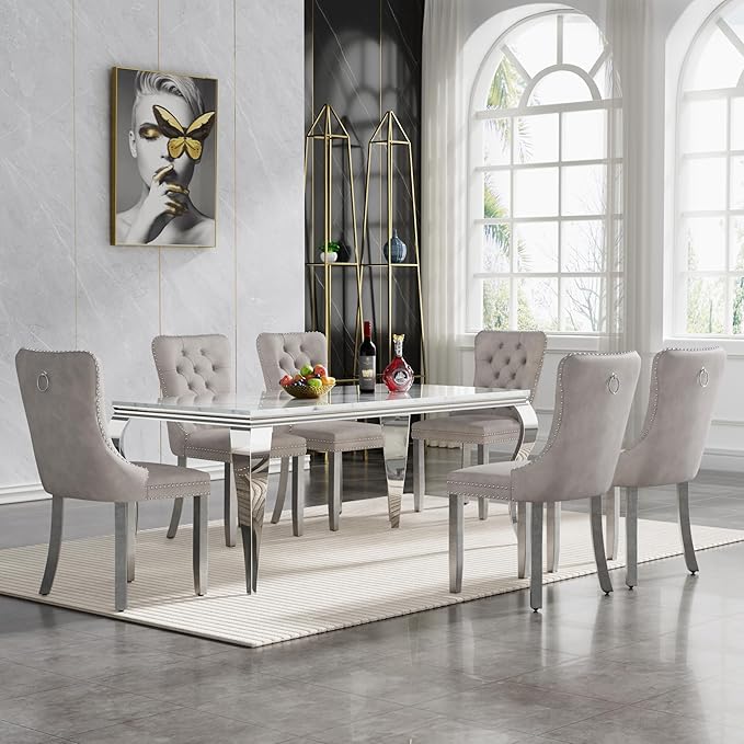 Goujxcy 70" Marble Dining Table Set for 6, Modern 7 Piece Dining Room Table Set with White Faux Marble Dining Table & 6 Grey Velvet Upholstered Chairs, Luxury Silver Kitchen Table Chairs Set of 6