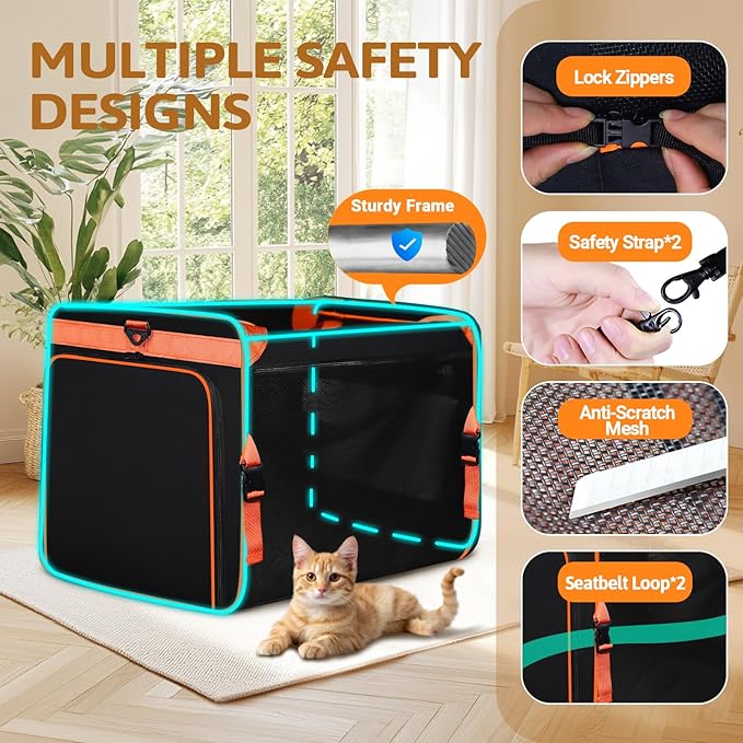 Petskd Side Expandable Extra Large Cat Carrier with Litter Box Area for Long Distance Car Travel,24"x17"x17" Collapsible Soft-Sided Large Pet Carrier with Zipper Locks for 2 Cats Under 55LBS(Black)