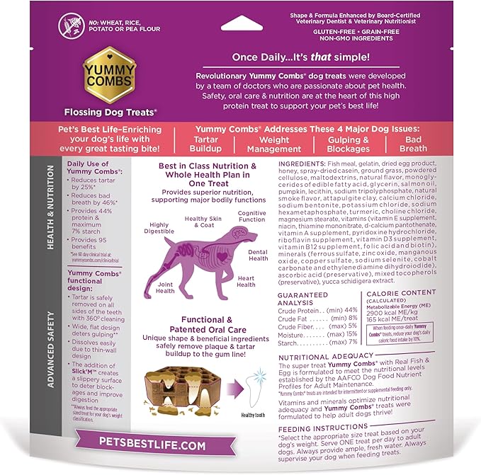 Yummy Combs Dog Dental Treats – Fish & Egg Protein – Vet VOHC Approved, Removes Tartar – A Daily Teeth Cleaning Treat for Extra Large Dogs (15 Count)