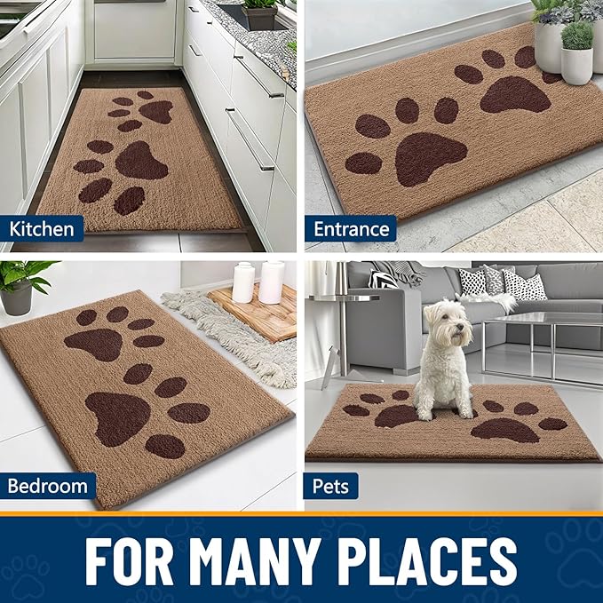 Smiry Dog Door Mat for Muddy Paws, Absorbs Moisture and Dirt, Low-Profile Entryway Mat with Non-Slip Backing, Entry Indoor Outdoor Doormat for Inside Floor (47x24 Inches, Beige, Paw)