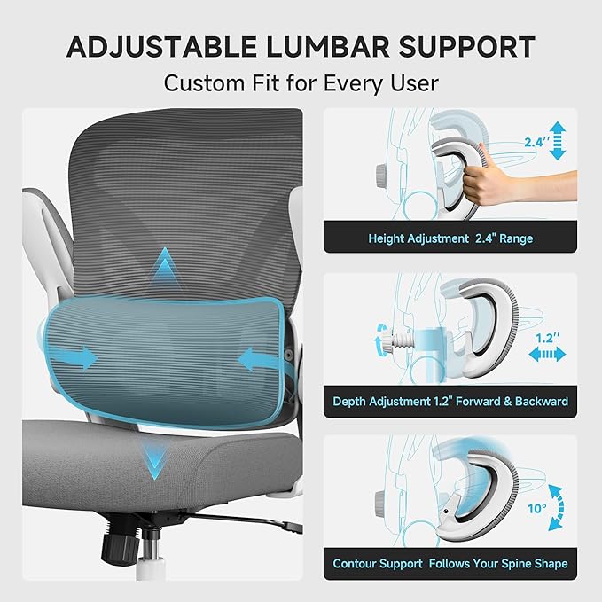 Office Chair with Adjustable Lumbar Support, 330 LBS Home Office Desk Chair with Flip-up Armrests, Mesh Computer Chair for Long Day Use, White and Gray