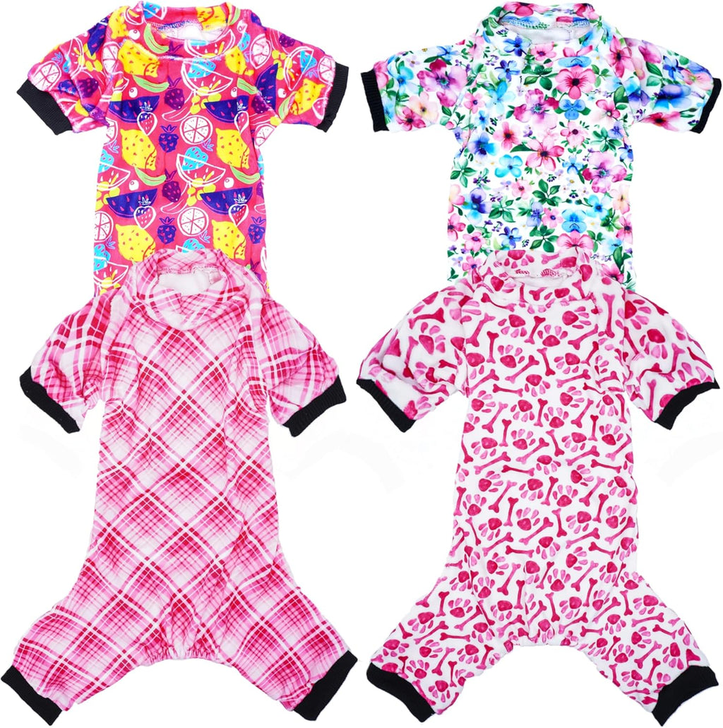 PET SHOW 4 Pack Small Dog Pajamas Cute Paw Bone Clothes for Medium Dogs Soft Stretchy PJs Plaid Jumpsuit Puppy Floral Fruits Onesies Outfits with Sleeve Pets Dachshund Costume(XL, Pink for Girls)