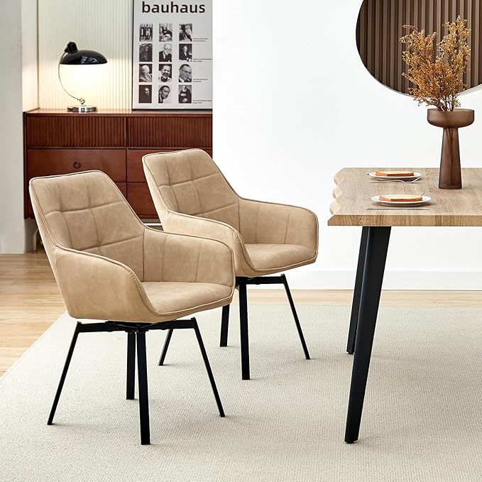 TUKAILAi Swivel Dining Chairs Set of 2, Faux Leather Upholstered Mid Century Accent Chairs with Metal Legs, Rotatable Kitchen Chair for Home Kitchen Restaurant (Cream)