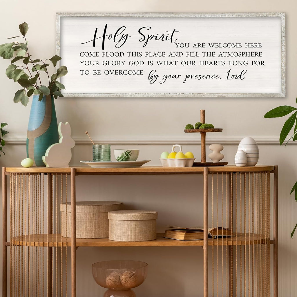 Holy Spirit You are Welcome Here Wall Decor Art 32x12 Inch Large Christian Song Bible Verse Plaque Wood Framed Sign Living Room Scripture Quote Religious For Office Wall Hanging (White)