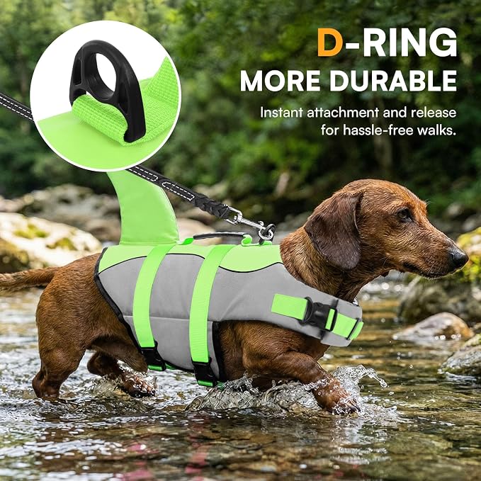 Dog Life Jacket Ripstop Shark Dog Safety Vest Adjustable Preserver with High Buoyancy and Durable Rescue Handle for Small,Medium,Large Dogs, Green Shark Large