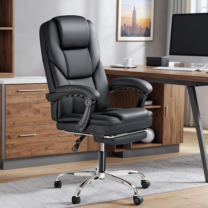 Furmax Executive Office Chair with Foot Rest Big and Tall Office Chair Ergonomic Home Office Desk Chairs Reclining High Back Leather Chair with Lumbar Support, 400LBS (Black)