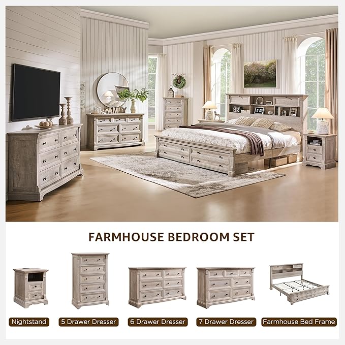 Farmhouse Queen Size Bed Frame with 54" Tall Storage Bookcase Headboard, 18" Roman Column Decoration Footboard,2 Drawer & 4 Storage Rack,Wood Platform Bed Frame, No Box Spring Needed(Light Rustic Oak)