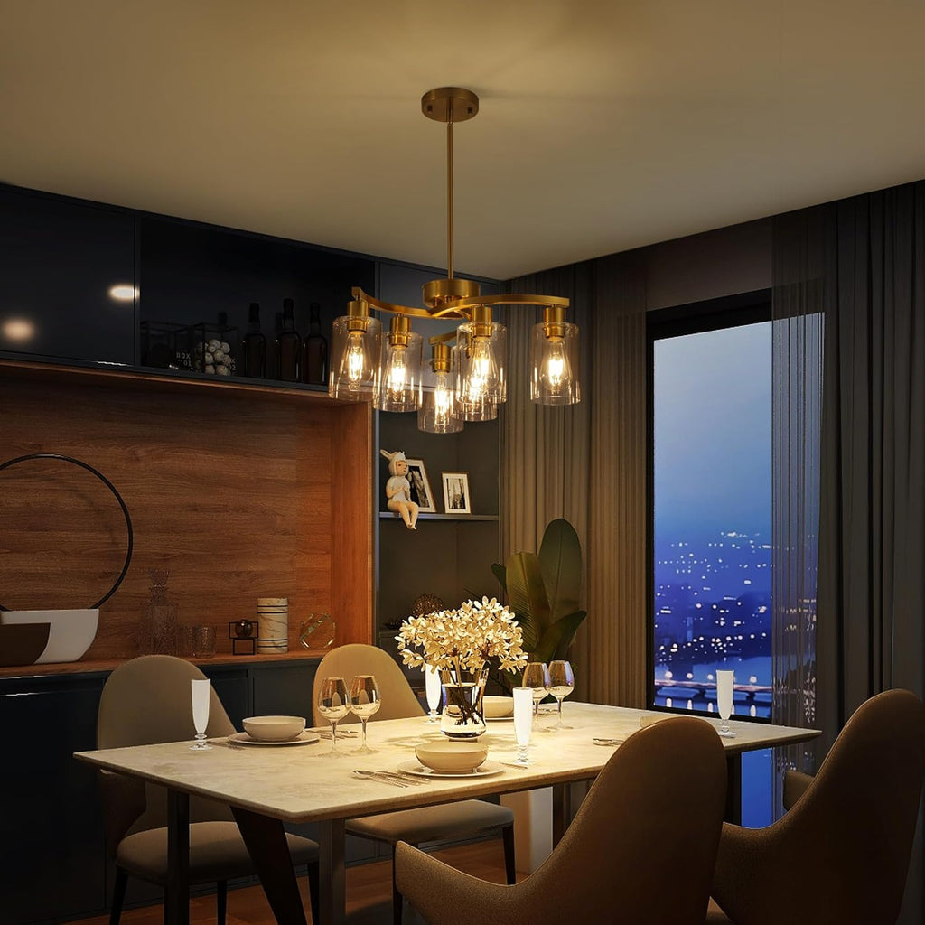 6-Light Gold Chandeliers for Dining Room, Modern Kitchen Island Light Fixtures Over Table, Metal Hanging Pendant Lighting for Living Room Stairwell Entryway Bedroom, Clear Glass Shade