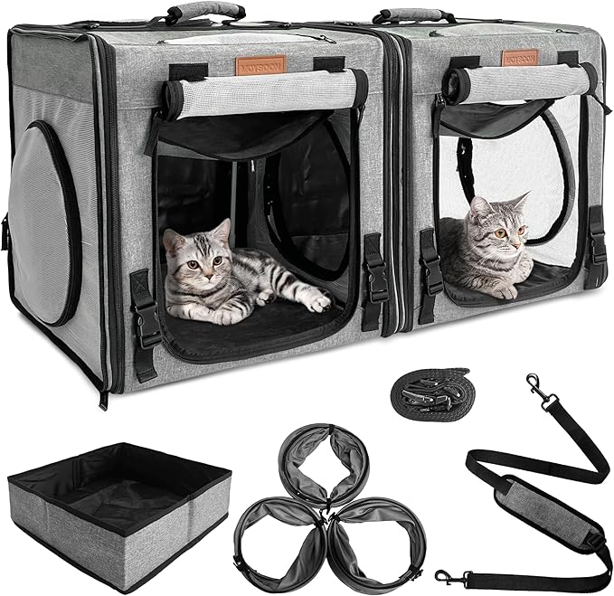 PETUX 2-in-1 Double Cat Carrier for Multiple Cats - Large Cat Travel Carrier with Litter Box, Play Tunnels, and Hammock - Portable Pet Carriers for Long Car Trips ＆ Vet Visit (34"x17"x17", Grey)