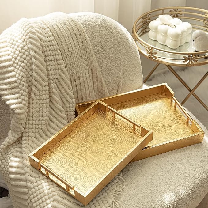 2 Piece Woven Leather Ottoman Tray with Gold Handles, Perfect Rectangular Serving Tray for Living Room, Coffee Table Home Decor Enthusiasts (Golden)