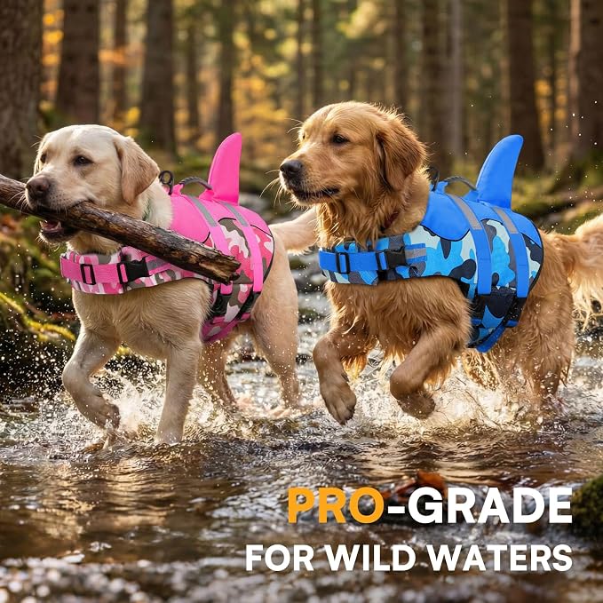 Dog Life Jacket Ripstop Dog Shark Safety Vest Adjustable Preserver with High Buoyancy and Durable Rescue Handle for Small,Medium,Large Dogs, Pink Camouflage Medium