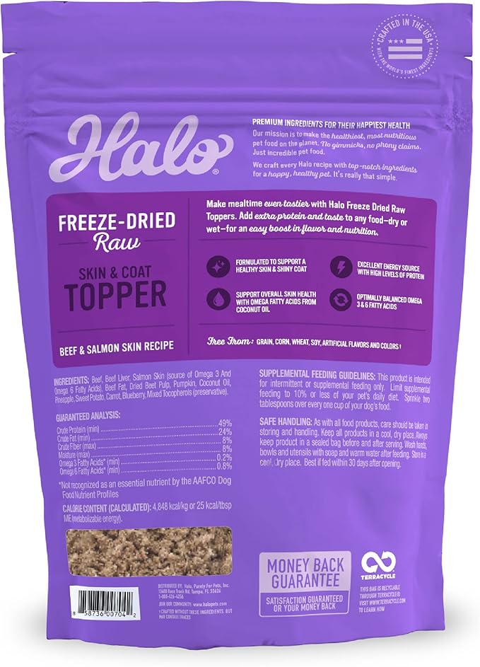 Halo Freeze Dried Raw Dog Food Topper, Beef And Salmon Recipe, For Skin & Coat Support, Real Meat Topper, Omega 3 Fatty Acids, 1lb Bag