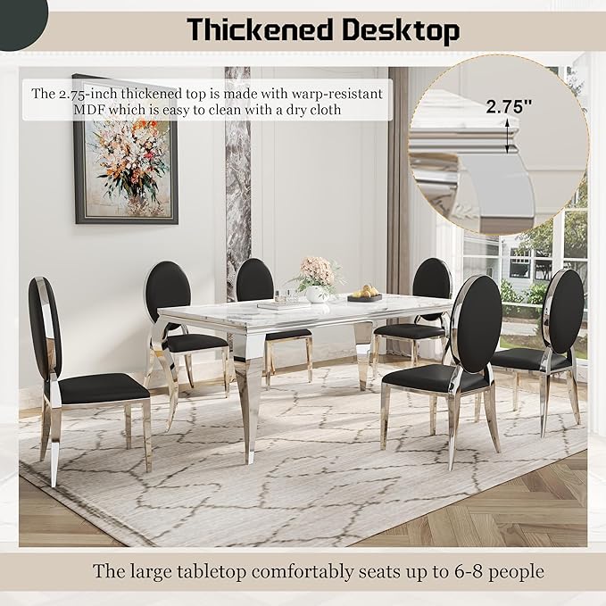 7-Piece Dining Table Set for 6, Faux Marble Modern Dining Table Set with 6 Round Backrest Upholstered Chairs, 70“ Stainless Steel Legs Table & Chair Set for Kitchen, Black & Silver