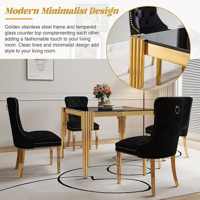 3 Piece Glass Dining Table Set, 35" Square Glass Kitchen Table with 2 Black Velvet Upholstered Chairs, Gold Dining Table for 2 with Chairs Set for Kitchen, Living Room