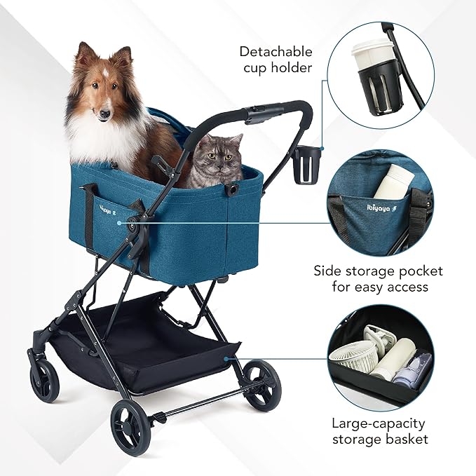 ibiyaya Essential – Travois Tri-Fold Pet Travel System for Medium Dogs, Cats, and More, 3 in 1 Dog Stroller with Detachable Carrier, XL Cabin (Nautical Blue)